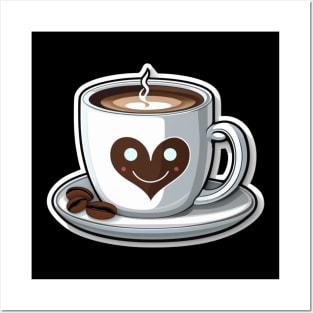 Happy cute coffee cup smiling in heart Posters and Art